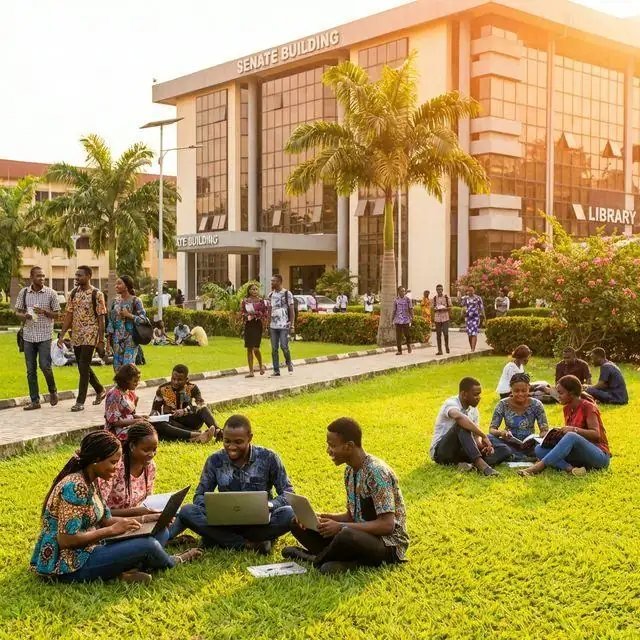 Students on the lawn outside the Senate Building at the University of Cross River State